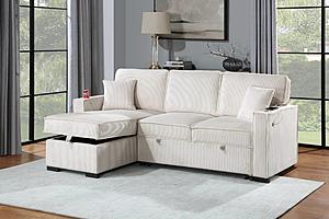 F8544 Beige Covertible Sectional w/USB Ports & 2 Accent Pillows by Poundex