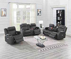 F86406 Charcoal Leather Power Recliner Sofa w/Overhead Lighting Panel & Wireless Charging Console by Poundex