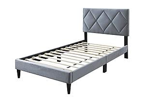 F9628T Gray Velvet Twin Bed by Poundex