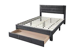 F9656Q Queen Bed - Gray Corduroy w/Under Drawer by Poundex
