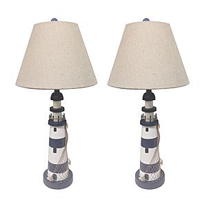 Lighthouse Coastal Table Lamps w/USB Charging Port (Set of 2) - Blue & White by Lineage Collections