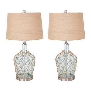 28" Semi-Clear Coastal Glass Jug Table Lamp w/Rope (Set of 2) - Clear & Blue by Lineage Collections