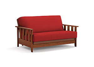 Futon Set - Loveseat Size - Canby Warm Cherry Wall Hugger Frame, Mattress w/Removable Solid Cover