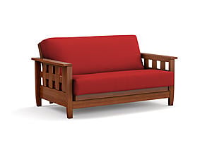 Futon Set - Loveseat Size - Lambton Warm Cherry Wall Hugger Frame, Mattress w/Removable Solid Cover