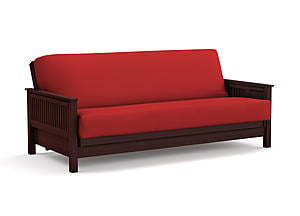 Premium Futon Set - Full Size - Tiro Dark Cherry Wall Hugger Frame, Mattress w/Removable Suede Cover
