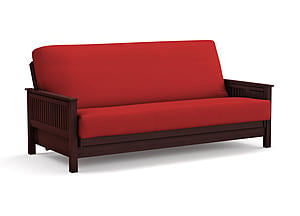 Premium Futon Set - Queen Size - Tiro Dark Cherry Wall Hugger Frame, Mattress w/Removable Suede Cover