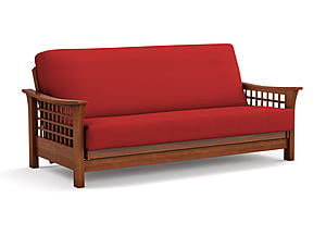 Premium Futon Set - Queen Size - Trelli Warm Cherry Wall Hugger Frame, Mattress w/Removable Suede Cover