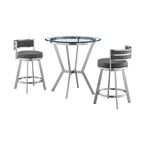Naomi and Roman 3-Piece Counter Height Dining Set in Brushed Stainless Steel and Grey Faux Leather by Armen Living
