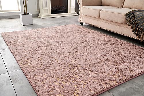 Lily Luxury Chinchilla Faux Fur Abstract Gilded Rectangular Area Rug Gold Gilded Dust Pink by Amazing Rugs
