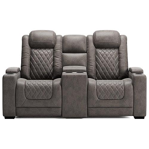 HyllMont Dual Power Reclining Console Loveseat w/Power Adjustable Headrest - Gray by Ashley Furniture