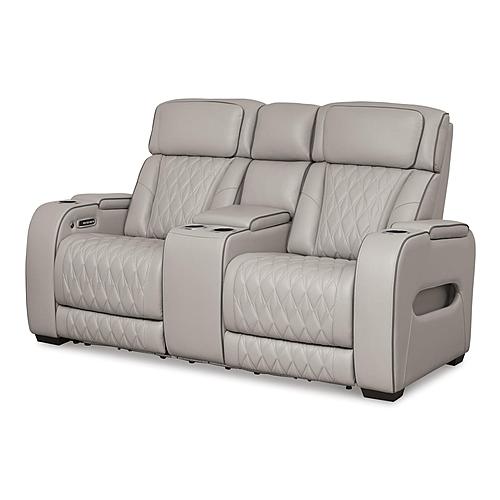 Boyington Dual Power Leather Reclining Loveseat w/Console - Gray by Ashley Furniture