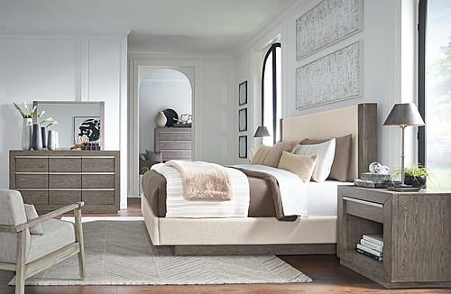 Anibecca Weathered Gray Upholstered Panel Bedroom Set at Futonland