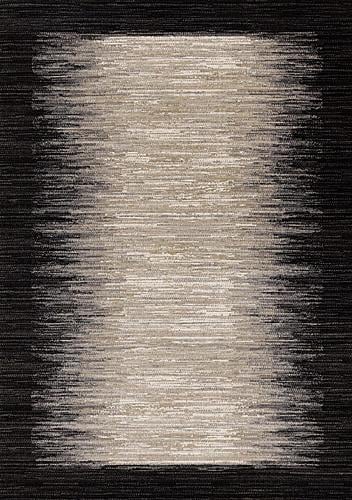 Aurora Black Beige Distressed Sound Wave Border Rug by Kalora