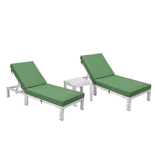 Chelsea Modern Outdoor Weathered Grey Chaise Lounge Chair Set of 2 With Side Table & Cushions, Green by LeisureMod