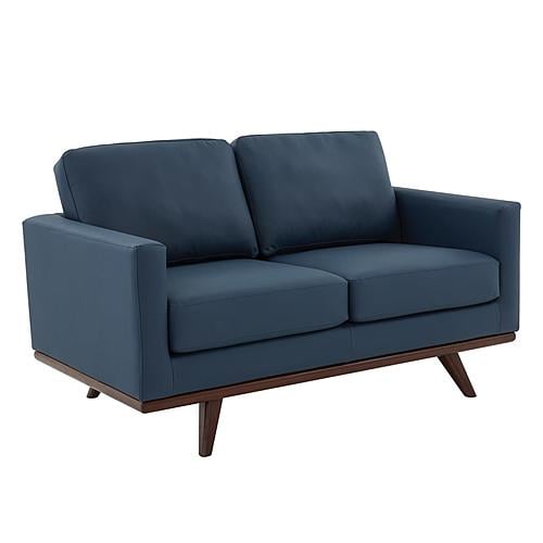 Chester Modern Leather Loveseat With Birch Wood Base, Navy Blue by LeisureMod