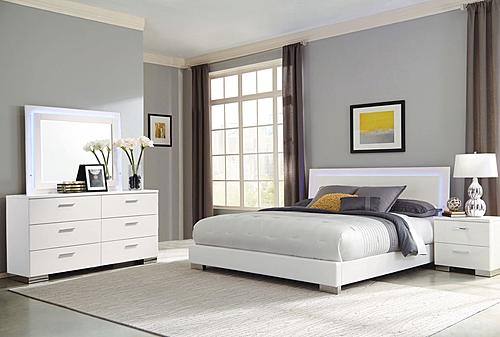 Felicity 4-piece Queen Bedroom Set w/LED Headboard and Mirror Glossy White by Coaster