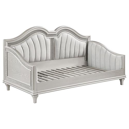 Evangeline Upholstered Twin Daybed with Faux Diamond Trim Silver and Ivory by Coaster