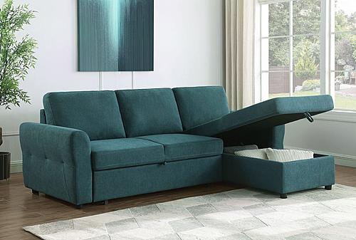 Samantha Upholstered Sleeper Sofa Sectional w/Storage Chaise Teal Blue by Coaster