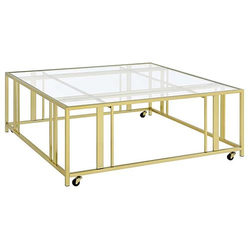 Adri Square Glass Top Coffee Table w/Casters Matte Brass by Coaster