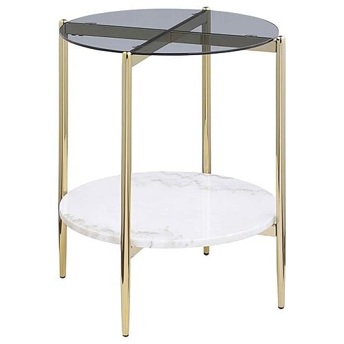 Jonelle Round Glass Top End Table White Marble Shelf Gold by Coaster