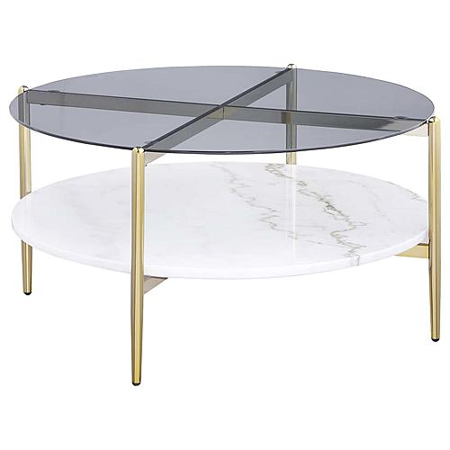 Jonelle Round Glass Top Coffee Table White Marble Shelf Gold by Coaster