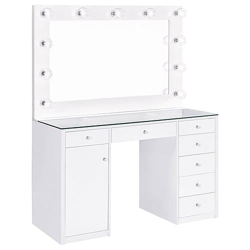 Acena 7-drawer Glass Top Vanity Desk w/Lighting White by Coaster