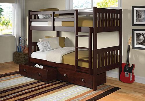 Twin/Twin Mission Bunk Bed w/Dual Under Bed Drawers In Cappuccino by Donco