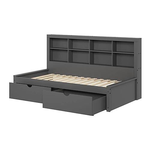 Twin Bookcase Day Bed In Dark Grey w/Dual Under Bed Drawers by Donco