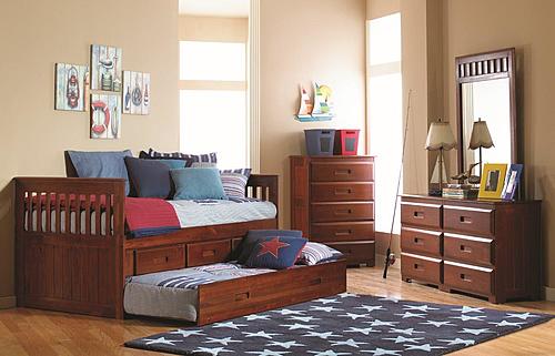 Twin Mission Rake Bed With 3 Drawer Storage And Twin Trundle Bed In Merlot Finish by Donco