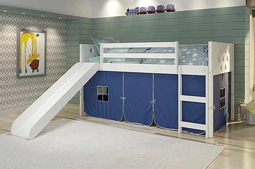 Twin Circles Low Loft w/Slide & Blue Tent Kit In White Finish by Donco