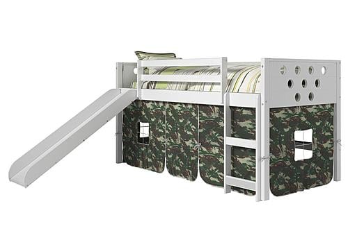 Twin Circles Low Loft w/Slide & Camo Tent Kit In White Finish by Donco
