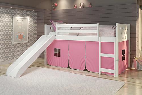 Twin Circles Low Loft w/Slide & Pink Tent Kit In White Finish by Donco