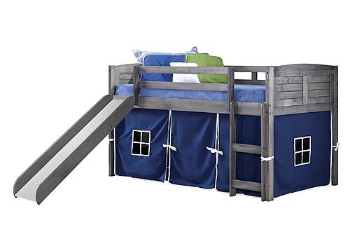Twin Louver Low Loft w/Slide & Blue Tent Kit In Antique Grey Finish by Donco