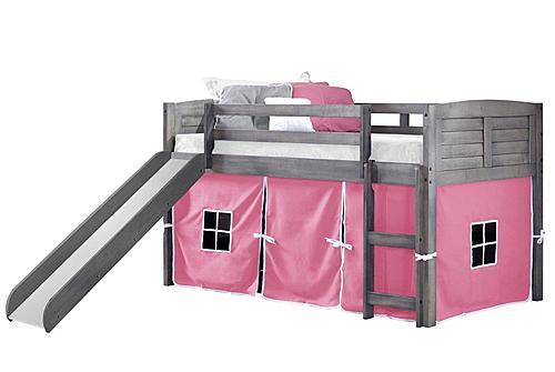 Twin Louver Low Loft w/Slide & Pink Tent Kit In Antique Grey Finish by Donco