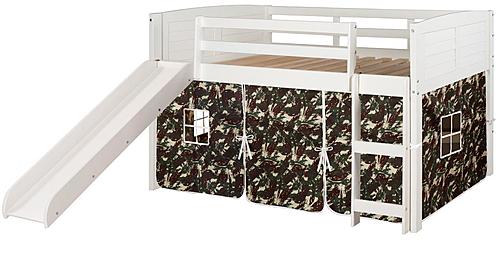 Twin Louver Low Loft White w/Camo Tent & Slide by Donco