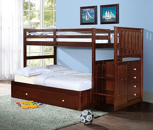 Twin/Full Mission Stairway Bunk Bed With Ext Kit With Trundle Bed Cappuccino Finish by Donco