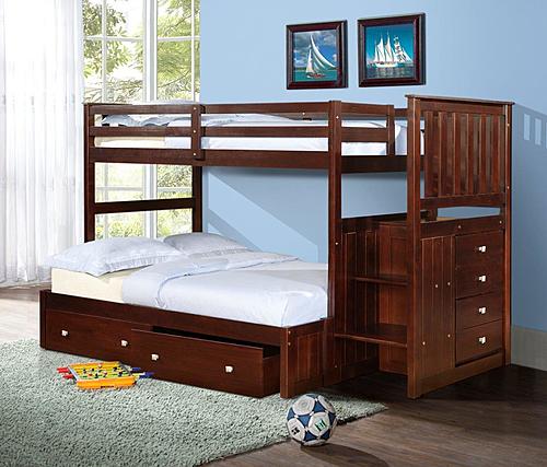 Twin/Full Mission Stairway Bunk Bed With Ext Kit With Dual Underbed Drawers Cappuccino Finish by Donco