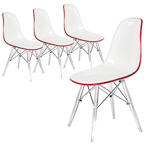 Dover Molded Side Chair with Acrylic Base, Set of 4, White Red by LeisureMod