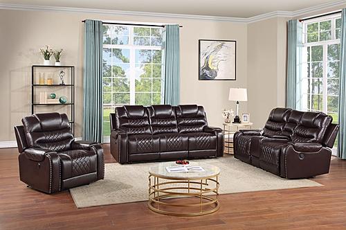 Benz Brown Faux Leather Reclining Sofa, Loveseat & Chair by Galaxy Furniture