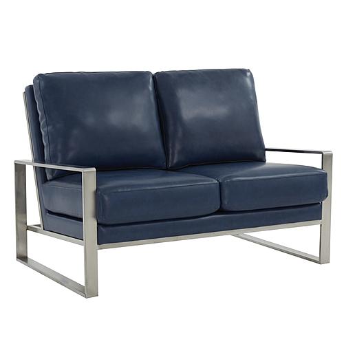 Jefferson Contemporary Modern Faux Leather Loveseat With Silver Frame, Navy Blue by LeisureMod