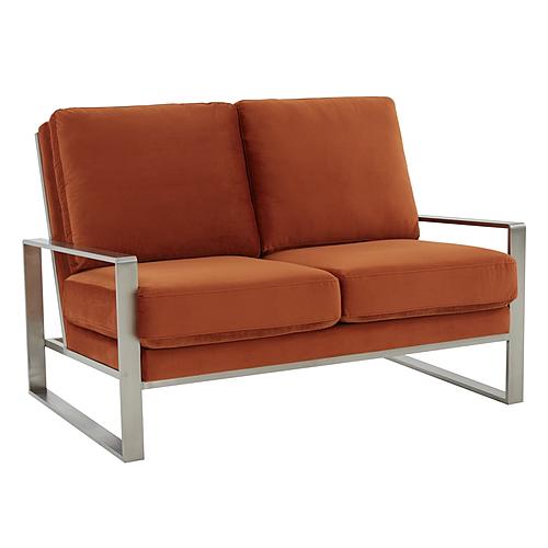 Jefferson Contemporary Modern Velvet Loveseat With Silver Frame, Orange by LeisureMod