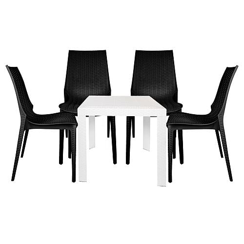 Kent Outdoor White Table With 4 Black Chairs Dining Set, White/Black by LeisureMod