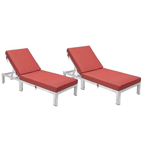 Chelsea Modern Outdoor Weathered Grey Chaise Lounge Chair w/Cushions - Red (Set of 2) by LeisureMod