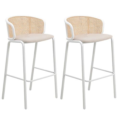 Ervilla Mid-Century Modern Wicker Bar Stool w/Fabric Seat & White Powder Coated Steel Frame, (Set of 2) - Beige by Leisuremod