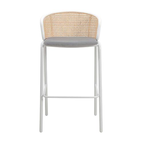 Ervilla Mid-Century Modern Wicker Bar Stool w/Fabric Seat & White Powder Coated Steel Frame - Grey by Leisuremod