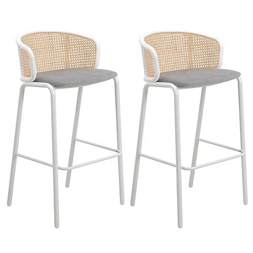 Ervilla Mid-Century Modern Wicker Bar Stool w/Fabric Seat & White Powder Coated Steel Frame, (Set of 2) - Grey by Leisuremod