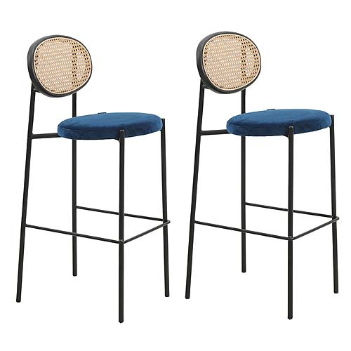 Euston Modern Wicker Bar Stool w/Black Steel Frame, (Set of 2) - Navy Blue by Leisuremod