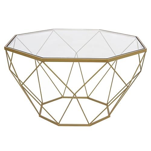 Jefferson Leather Armchair w/Gold Frame & Large Octagon Coffee Table with Geometric Base - Black by Leisuremod