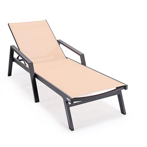 Marlin Patio Chaise Lounge Chair w/Armrests in Black Aluminum Frame, (Set of 2) - Light Brown by Leisuremod