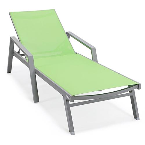 Marlin Modern Grey Aluminum Outdoor Patio Chaise Lounge Chair w/Arms and Square Fire Pit Side Table - Green by Leisuremod